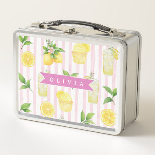 Personalized Watercolor Lemonade Cupcake Stripe Metal Lunch Box