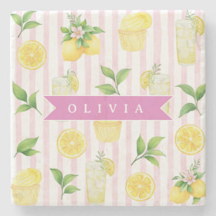 Personalized Watercolor Lemonade Cupcake Stripe Stone Coaster