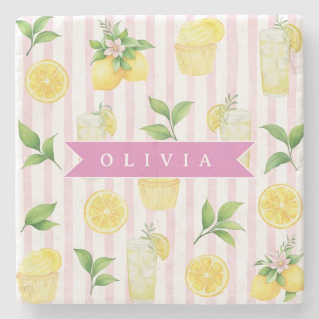 Personalized Watercolor Lemonade Cupcake Stripe Stone Coaster (Front)