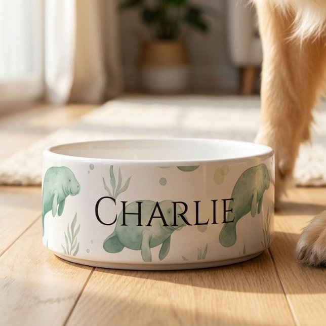 Personalized Watercolor Manatee Pet Bowl (Personalized Watercolor Manatee Pet Bowl)