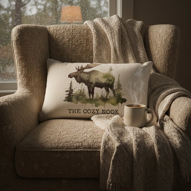 Personalized Watercolor Moose The Cozy Nook Cotton Lumbar Cushion (Creator Uploaded)