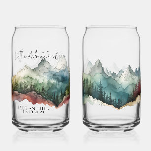 Personalized watercolor mountain beer can glass