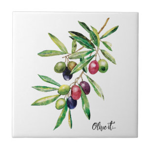 Personalized Watercolor Olive Branch Ceramic Tile