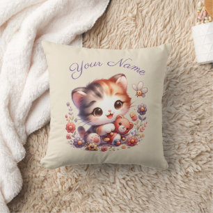 Personalized Watercolor Playing Kitten Name Cushion