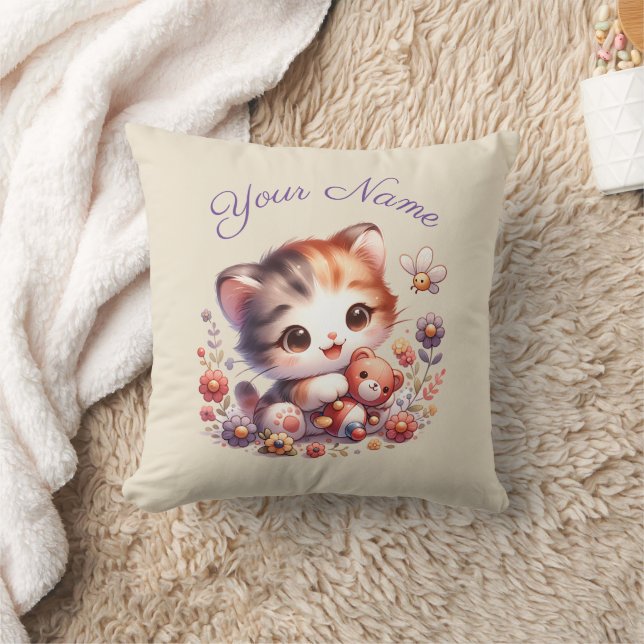 Personalized Watercolor Playing Kitten Name Cushion (Blanket)