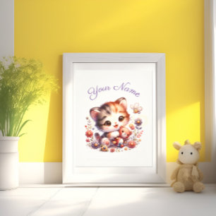 Personalized Watercolor Playing Kitten Name Photo Print