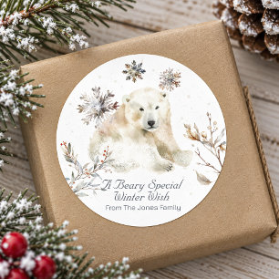 Personalized Watercolor Polar Bear Cub Winter Wish Classic Round Sticker