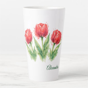 Personalized Watercolor Red Tulips  Latte Mug