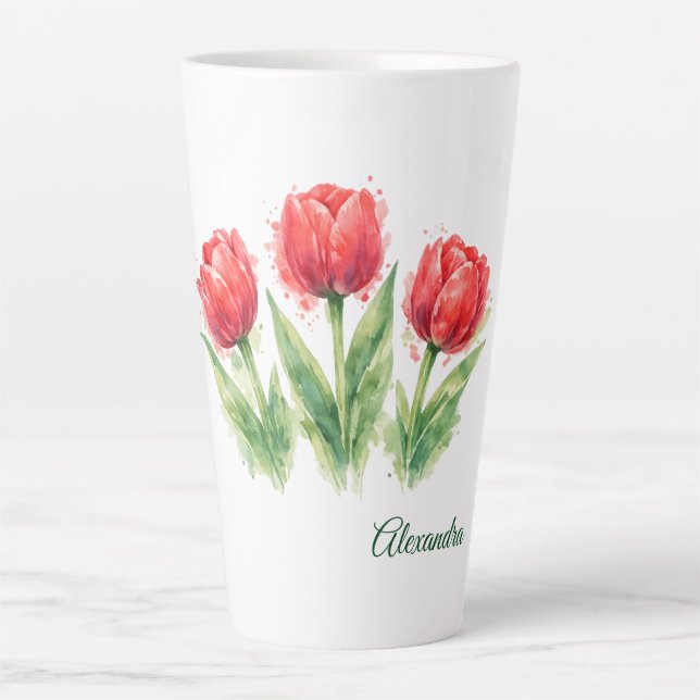 Personalized Watercolor Red Tulips  Latte Mug (Front)