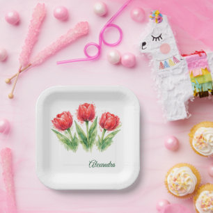 Personalized Watercolor Red Tulips Tote Bag Paper Plate