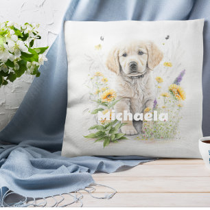 Personalized Watercolor Retriever Pup in Flowers Cushion