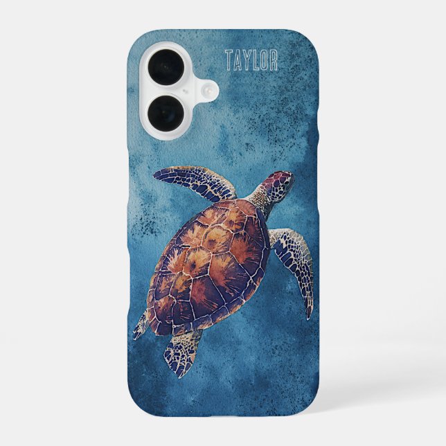 Personalized Watercolor Sea Turtle Ocean iPhone 16 Case (Back)