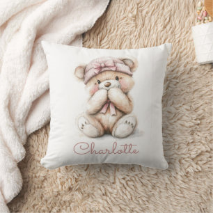 Personalized Watercolor Teddy Bear Girl Pink Bow Cushion