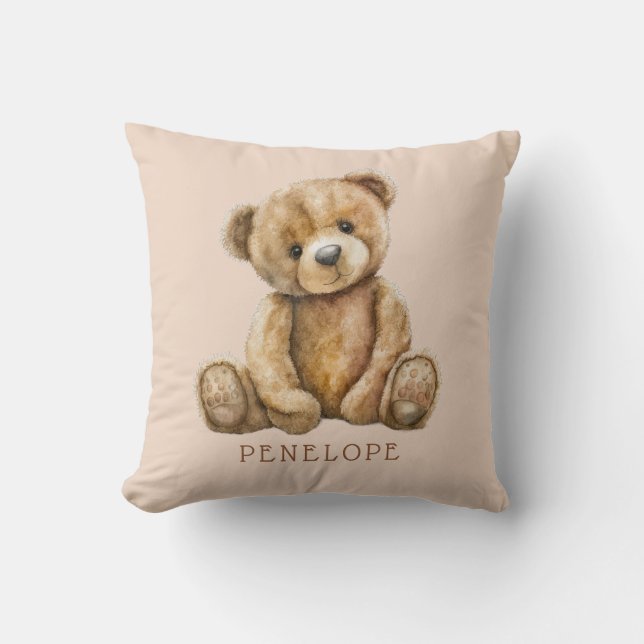 Personalized Watercolor Teddy Bear Nursery Cushion (Front)