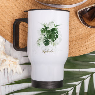 Personalized Watercolor Tropical Leaves Travel Mug