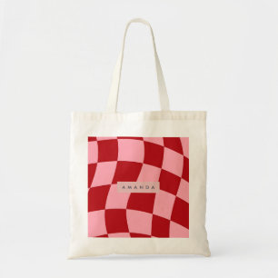 Personalized Wavy Red and Pink Checkered Tote Bag