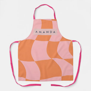Personalized Wavy Retro Orange & Pink Checkered Apron