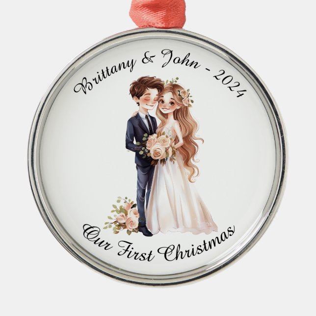 Personalized Wedding Couple, Our First Christmas, Metal Ornament (Front)