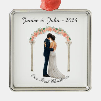Personalized Wedding couple, our first Christmas, Metal Ornament