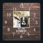 Personalized Wedding Photo Anniversary Brown Wood Square Wall Clock<br><div class="desc">Unique anniversary clock to personalize with couple photo,  name and established year. The rustic wedding clock with a distressed wood effect  makes a great gift for weddings, anniversaries,  and new home housewarming.</div>