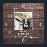 Personalized Wedding Photo Anniversary Brown Wood Square Wall Clock<br><div class="desc">Unique anniversary clock to personalize with couple photo,  name and established year. The rustic wedding clock with a distressed wood effect  makes a great gift for weddings, anniversaries,  and new home housewarming.</div>