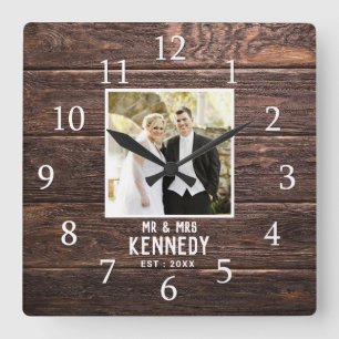 Personalized Wedding Photo Anniversary Brown Wood Square Wall Clock