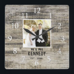 Personalized Wedding Photo Anniversary Rustic Wood Square Wall Clock<br><div class="desc">Unique anniversary clock to personalize with couple photo,  name and established year. The rustic wedding clock with a barn wood effect  makes a great gift for weddings, anniversaries,  and new home housewarming.</div>