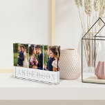 Personalized Wedding Photo Collage Block<br><div class="desc">Elegant wedding photo collage block features three favorite wedding photos aligned side by side. Your surname or family name appears beneath in chic grey with your names and wedding date overlaid on a transparent white stripe.</div>