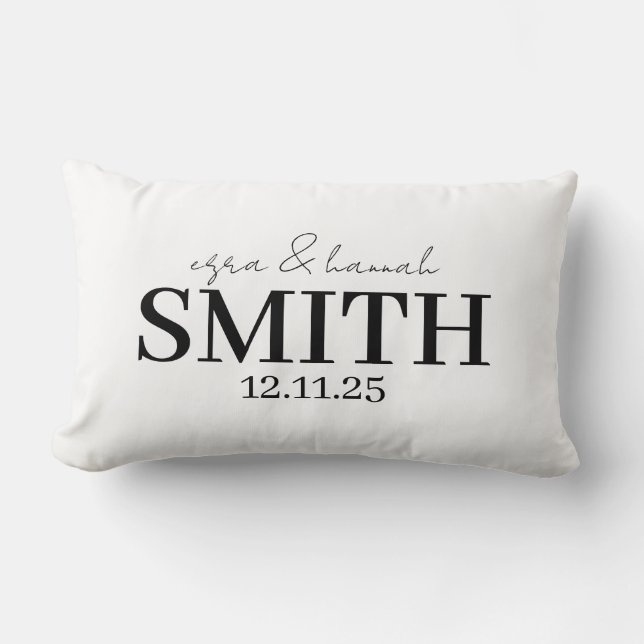 Personalized Wedding Pillow, Last Name & Date Lumbar Cushion (Front)