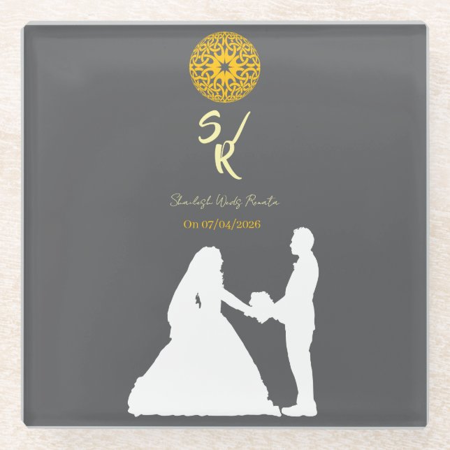 Personalized Wedding Silhouette Glass Coaster .... (Front)