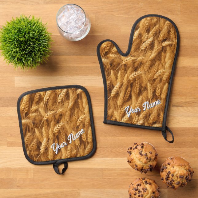 PERSONALIZED WHEAT PATTERN OVEN MITT & POT HOLDER SET (Top Down)