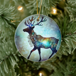 Personalized Whimsical Christmas Reindeer Tree Ceramic Ornament