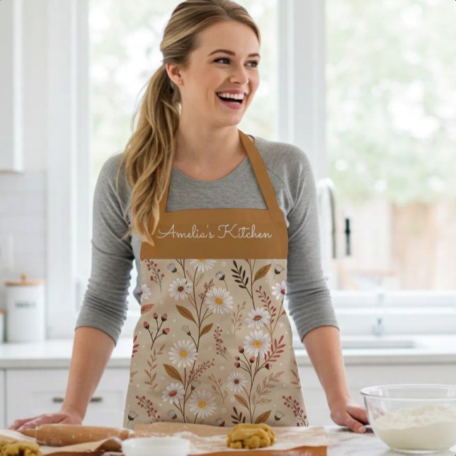 Personalized Whimsical Daisy Pattern Brown Beige Apron (Creator Uploaded)