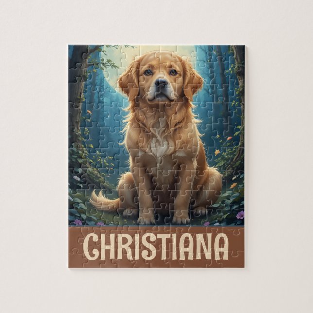 Personalized Whimsical Golden Retriever Sitting Jigsaw Puzzle (Vertical)