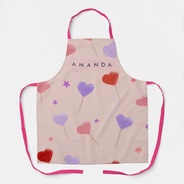 Personalized Whimsical Heart Lollipops Pattern Apron (Front)