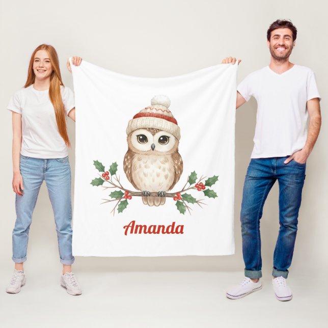 Personalized Whimsical Owl Christmas Fleece Blanket (In Situ)