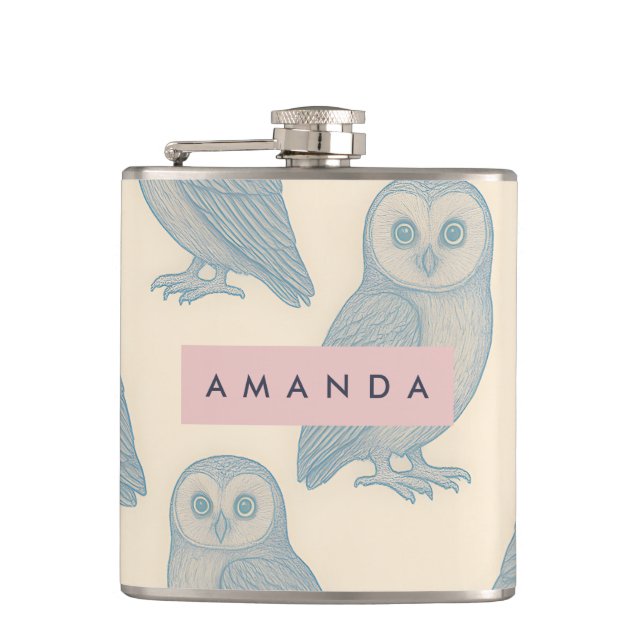 Personalized Whimsical Owl Pattern Hip Flask (Front)