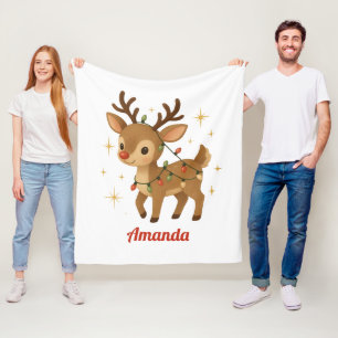 Personalized Whimsical Reindeer Christmas Fleece Blanket