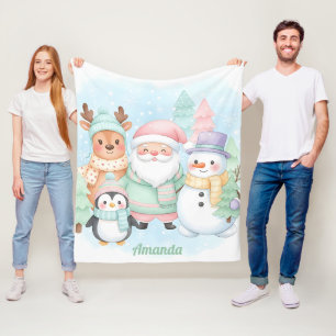 Personalized Whimsical Santa & Friends Christmas Fleece Blanket