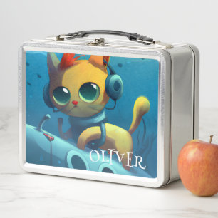 PERSONALIZED WHIMSICAL UNDERWATER CAT METAL LUNCH BOX