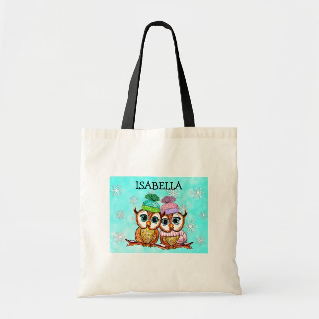 Personalized Whimsical Watercolor Owls Tote Bag (Front)