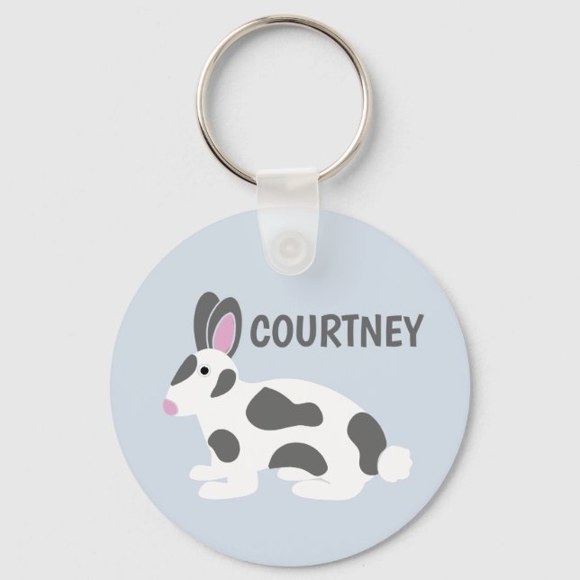 Personalized White and Gray Spotted Bunny Rabbit Key Ring (Front)