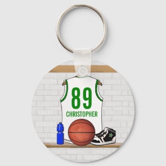 Personalized White and Green Basketball Jersey Key Ring