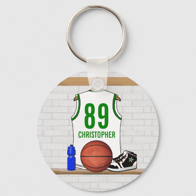 Personalized White and Green Basketball Jersey Key Ring (Front)