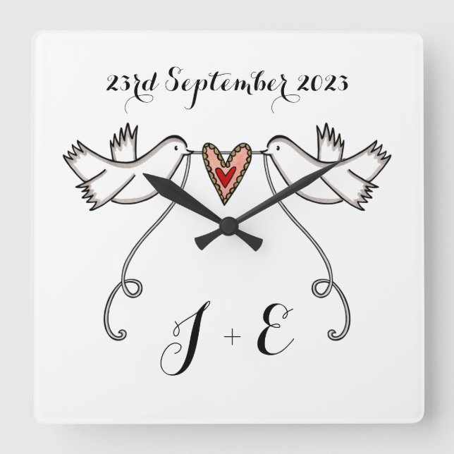 Personalized White Doves Wedding Gift Acrylic Squa Square Wall Clock (Front)
