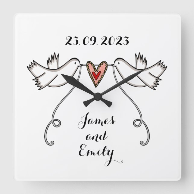 Personalized White Doves Wedding Gift Acrylic Squa Square Wall Clock (Front)