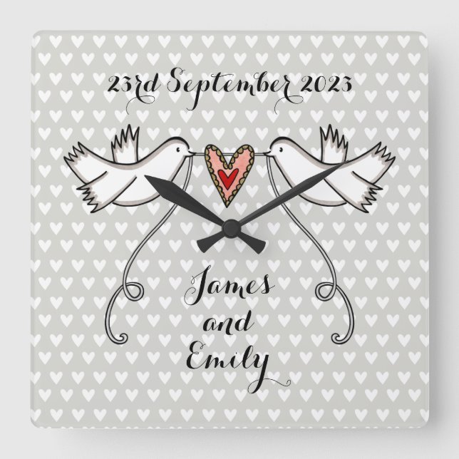 Personalized White Doves Wedding Gift Acrylic Squa Square Wall Clock (Front)
