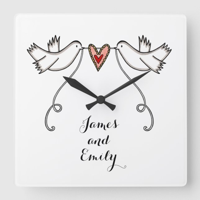 Personalized White Doves Wedding Gift Acrylic Squa Square Wall Clock (Front)