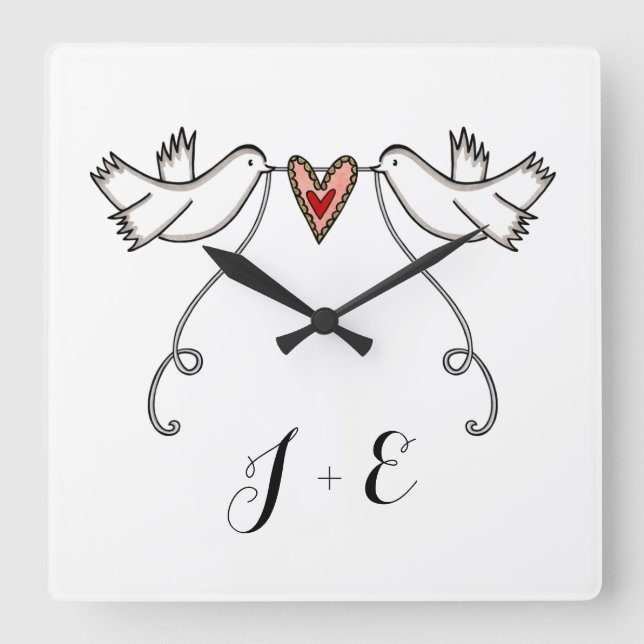 Personalized White Doves Wedding Gift Acrylic  Square Wall Clock (Front)