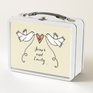 Personalized White Doves Wedding Metal Lunch Box
